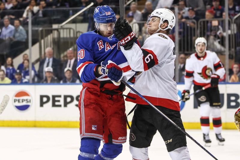 Apr 15, 2024; New York, New York, USA;  New York Rangers left wing Will Cuylle (50) and Ottawa Senators defenseman Jakob Chychrun (6) fight for positioning in the third period at Madison Square Garden. Mandatory Credit: Wendell Cruz-USA TODAY Sports