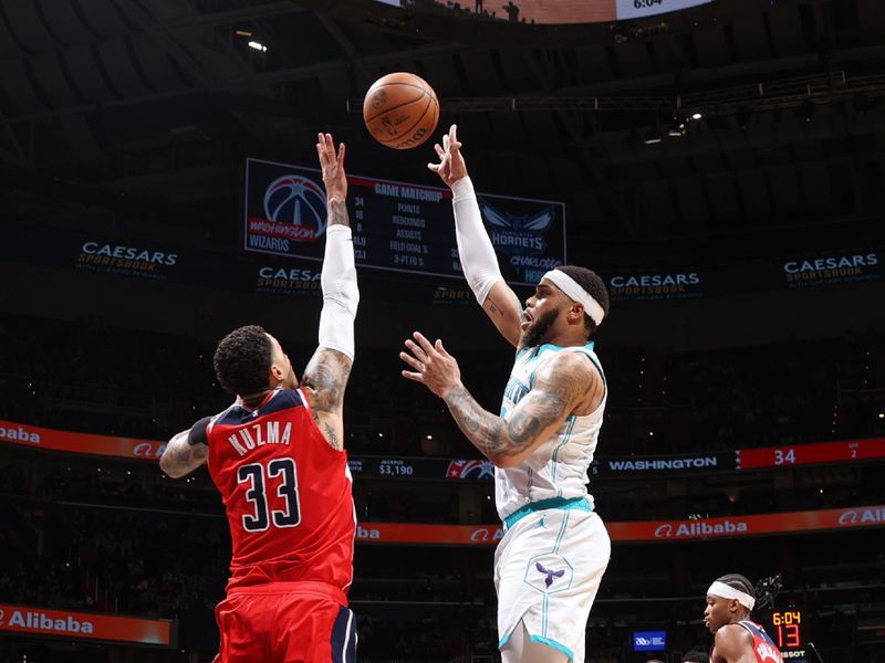 WASHINGTON, DC -? MARCH 8:  Miles Bridges #0 of the Charlotte Hornets goes to the basket during the game on March 8, 2024 at Capital One Arena in Washington, DC. NOTE TO USER: User expressly acknowledges and agrees that, by downloading and or using this Photograph, user is consenting to the terms and conditions of the Getty Images License Agreement. Mandatory Copyright Notice: Copyright 2024 NBAE (Photo by Stephen Gosling/NBAE via Getty Images)