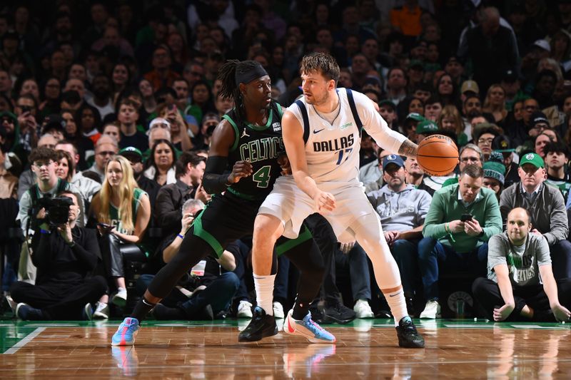 BOSTON, MA - MARCH 1: Luka Doncic #77 of the Dallas Mavericks dribbles the ball during the game against the Boston Celtics on March 1, 2024 at the TD Garden in Boston, Massachusetts. NOTE TO USER: User expressly acknowledges and agrees that, by downloading and or using this photograph, User is consenting to the terms and conditions of the Getty Images License Agreement. Mandatory Copyright Notice: Copyright 2024 NBAE  (Photo by Brian Babineau/NBAE via Getty Images)