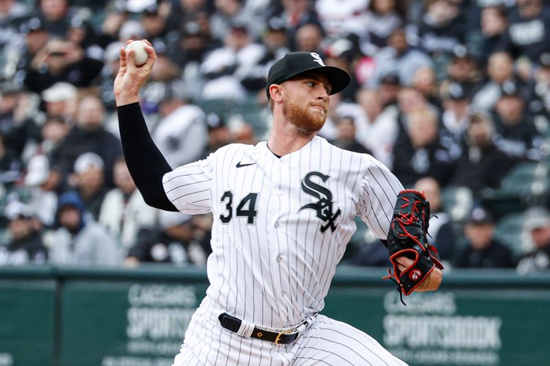 Apr 3, 2023; Chicago, Illinois, USA; Chicago White Sox starting pitcher Michael Kopech (34) delivers against the San Francisco Giants during the first inning at Guaranteed Rate Field. Mandatory Credit: Kamil Krzaczynski-USA TODAY Sports