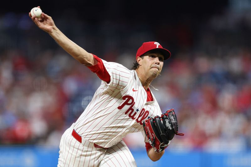 Aug 14, 2024; Philadelphia, Pennsylvania, USA; Philadelphia Phillies pitcher Tyler Phillips (48) throws a pitch during the fifth inning against the Miami Marlins at Citizens Bank Park. Mandatory Credit: Bill Streicher-USA TODAY Sports