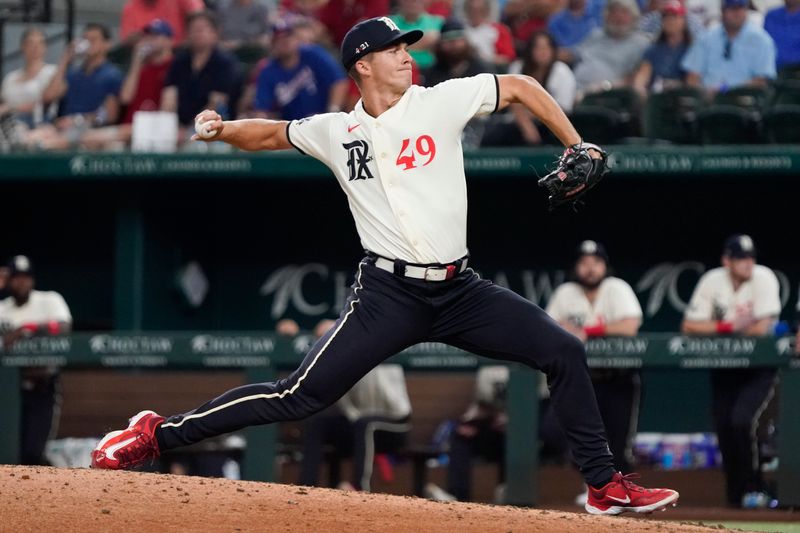 Sep 1, 2023; Arlington, Texas, USA; Texas Rangers relief pitcher Glenn Otto (49) throws to the plate during the ninth inning against the Minnesota Twins at Globe Life Field. Mandatory Credit: Raymond Carlin III-USA TODAY Sports