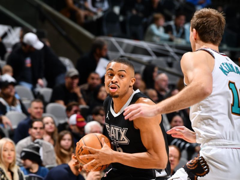 SAN ANTONIO, TX - JANUARY 15: Keldon Johnson #0 of the San Antonio Spurs handles the ball during the game against the Memphis Grizzlies on January 15, 2025 at the Frost Bank Center in San Antonio, Texas. NOTE TO USER: User expressly acknowledges and agrees that, by downloading and or using this photograph, user is consenting to the terms and conditions of the Getty Images License Agreement. Mandatory Copyright Notice: Copyright 2025 NBAE (Photos by Barry Gossage/NBAE via Getty Images)