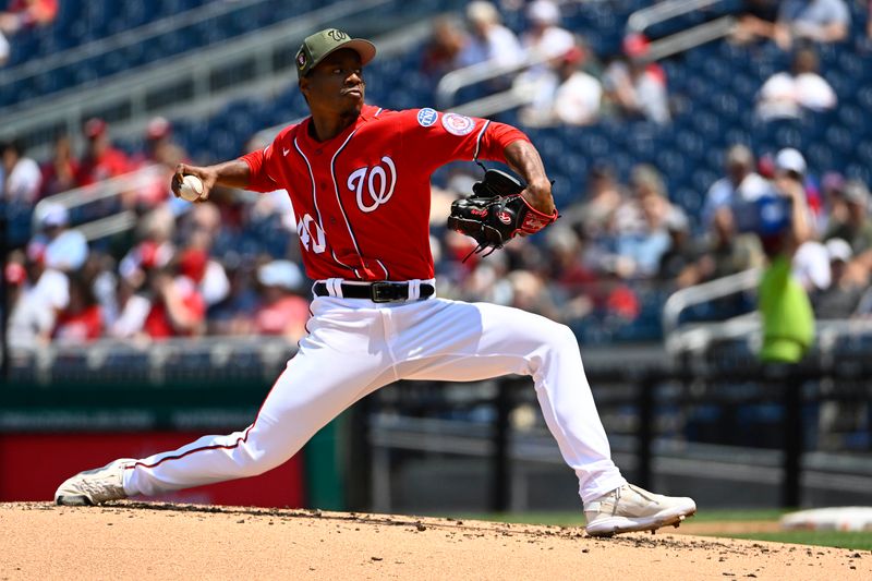 May 21, 2023; Washington, District of Columbia, USA; Washington Nationals starting pitcher Josiah Gray (40) throws to the Detroit Tigers during the second inning at Nationals Park. Mandatory Credit: Brad Mills-USA TODAY Sports