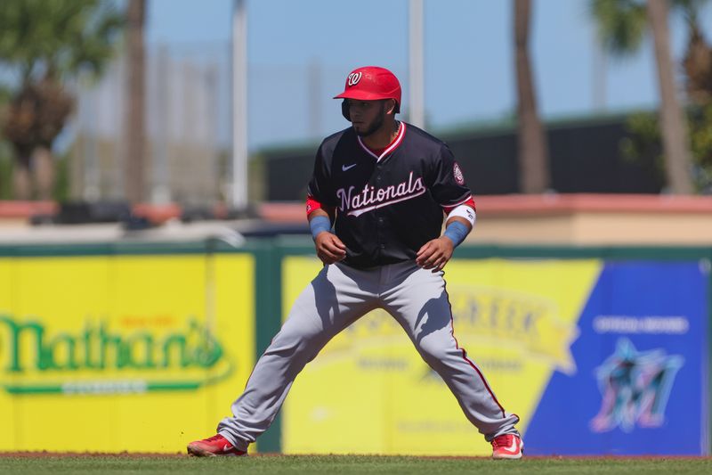 Mar 11, 2024; Jupiter, Florida, USA; Washington Nationals catcher Keibert Ruiz (20) watches from second base against the St. Louis Cardinals during the second inning at Roger Dean Chevrolet Stadium. Mandatory Credit: Sam Navarro-USA TODAY Sports