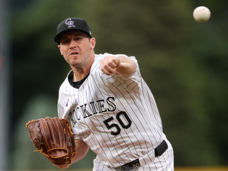 May 24, 2024; Denver, Colorado, USA; Colorado Rockies starting pitcher Ty Blach (50) pitches in the first inning against the Philadelphia Phillies at Coors Field. Mandatory Credit: Isaiah J. Downing-USA TODAY Sports