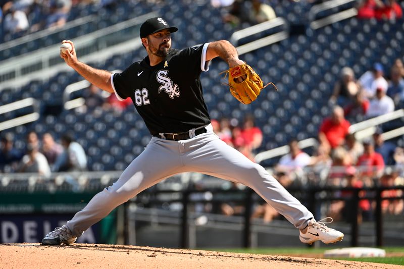 Sep 20, 2023; Washington, District of Columbia, USA; Chicago White Sox relief pitcher Jesse Scholtens (62) throws to the Washington Nationals during the second inning at Nationals Park. Mandatory Credit: Brad Mills-USA TODAY Sports