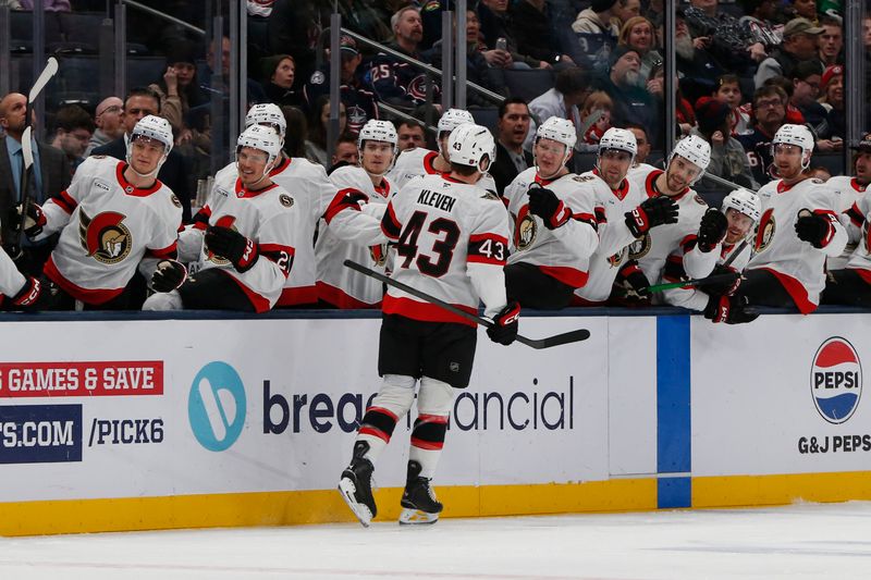 Jan 20, 2026; Columbus, Ohio, USA; Ottawa Senators defenseman Tyler Kleven (43) celebrates his goal against the Columbus Blue Jackets during the first period at Nationwide Arena. Mandatory Credit: Russell LaBounty-Imagn Images