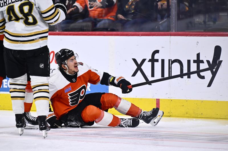 Jan 27, 2024; Philadelphia, Pennsylvania, USA; Philadelphia Flyers right wing Travis Konecny (11) reacts against the Boston Bruins in the second period at Wells Fargo Center. Mandatory Credit: Kyle Ross-USA TODAY Sports