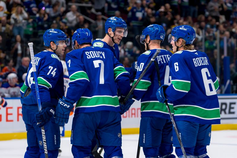 Oct 4, 2024; Vancouver, British Columbia, CAN; Vancouver Canucks forward Jake DeBrusk (74) and defenseman Carson Soucy (7) and defenseman Tyler Myers (57) and forward Elias Pettersson (40) and forward Brock Boeser (6) celebrate Soucy’s goal against the Edmonton Oilers during the first period at Rogers Arena. Mandatory Credit: Bob Frid-Imagn Images