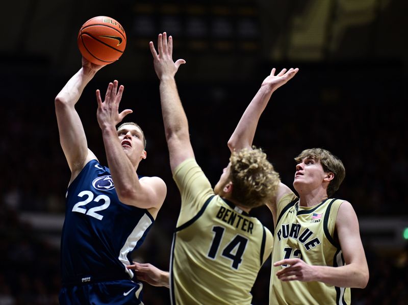 Jan 10, 2026; West Lafayette, Indiana, USA; Penn State Nittany Lions forward Sasa Ciani (22) shoots then all over thePurdue Boilermakers guard Jack Benter (14) during the first half at Mackey Arena. Mandatory Credit: Marc Lebryk-Imagn Images