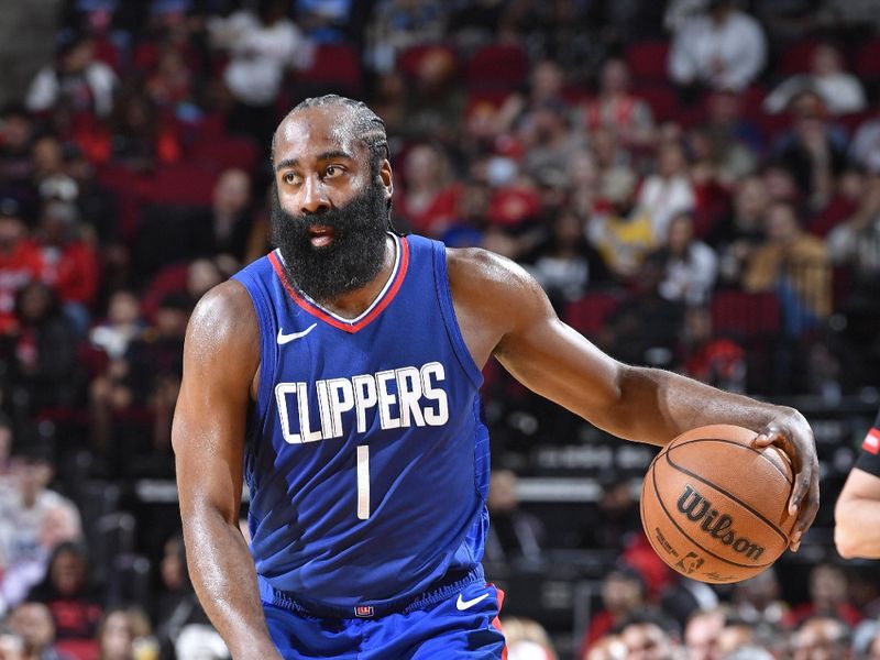 HOUSTON, TX - MARCH 6: James Harden #1 of the LA Clippers looks on during the game against the Houston Rockets on March 6, 2024 at the Toyota Center in Houston, Texas. NOTE TO USER: User expressly acknowledges and agrees that, by downloading and or using this photograph, User is consenting to the terms and conditions of the Getty Images License Agreement. Mandatory Copyright Notice: Copyright 2024 NBAE (Photo by Logan Riely/NBAE via Getty Images)