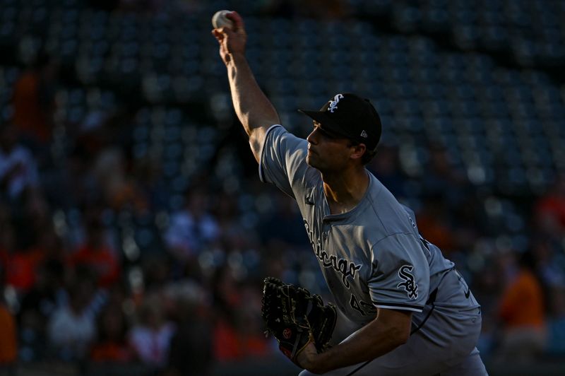 Sep 3, 2024; Baltimore, Maryland, USA;  Chicago White Sox pitcher Nick Nastrini (43) throws a first inning pitch against the Baltimore Orioles at Oriole Park at Camden Yards. Mandatory Credit: Tommy Gilligan-Imagn Images