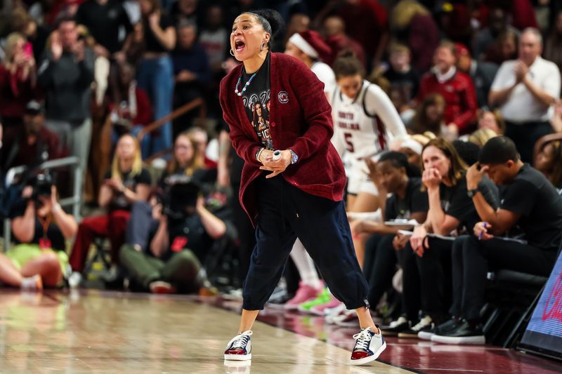 Mar 3, 2024; Columbia, South Carolina, USA; South Carolina Gamecocks head coach Dawn Staley directs her team against the Tennessee Lady Vols in the second half at Colonial Life Arena. Mandatory Credit: Jeff Blake-USA TODAY Sports