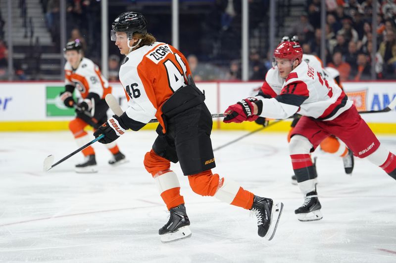 Dec 13, 2025; Philadelphia, Pennsylvania, USA; Philadelphia Flyers center Trevor Zegras (46) in action against the Carolina Hurricanes in the first period at Xfinity Mobile Arena. Mandatory Credit: Kyle Ross-Imagn Images