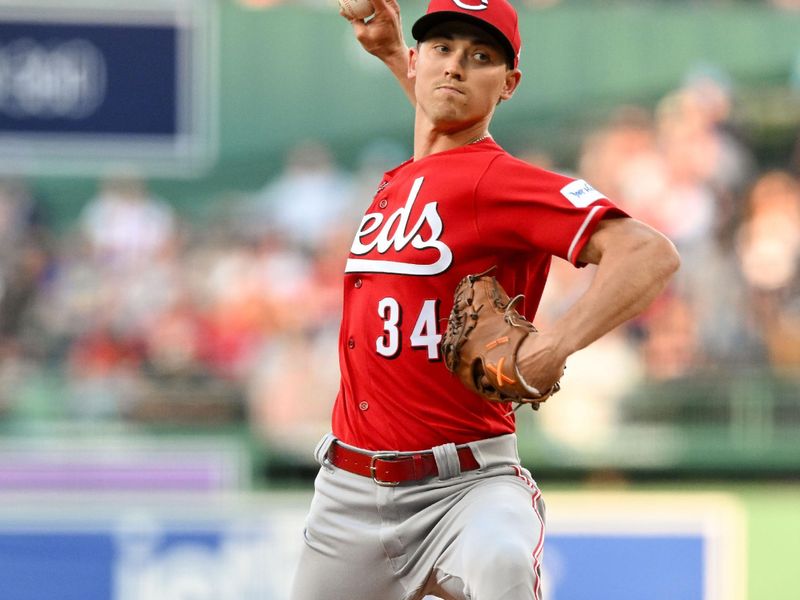 May 31, 2023; Boston, Massachusetts, USA; Cincinnati Reds relief pitcher Luke Weaver (34) pitches against the Boston Red Sox during the first inning at Fenway Park. Mandatory Credit: Brian Fluharty-USA TODAY Sports