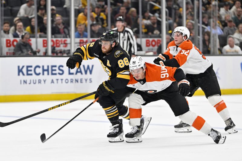 Sep 29, 2025; Boston, Massachusetts, USA;  Boston Bruins right wing David Pastrnak (88) and Philadelphia Flyers center Anthony Richard (90) battle for position during the third period at TD Garden. Mandatory Credit: Eric Canha-Imagn Images