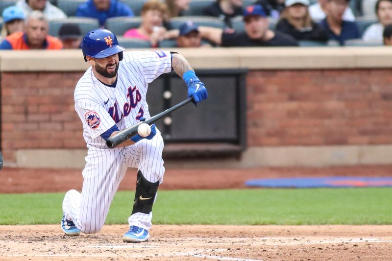 Jun 3, 2023; New York City, New York, USA;  New York Mets catcher Tomas Nido (3) attempts a sacrifice bunt in the fifth inning against the Toronto Blue Jays at Citi Field. Mandatory Credit: Wendell Cruz-USA TODAY Sports