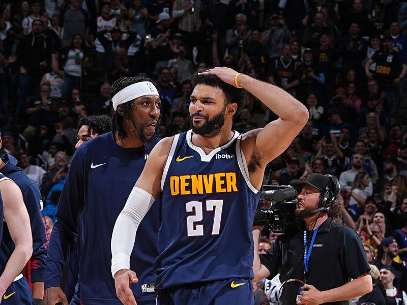 DENVER, CO - APRIL 10: Jamal Murray #27 of the Denver Nuggets looks on during the game against the Minnesota Timberwolves on April 10, 2024 at the Ball Arena in Denver, Colorado. NOTE TO USER: User expressly acknowledges and agrees that, by downloading and/or using this Photograph, user is consenting to the terms and conditions of the Getty Images License Agreement. Mandatory Copyright Notice: Copyright 2024 NBAE (Photo by Garrett Ellwood/NBAE via Getty Images)