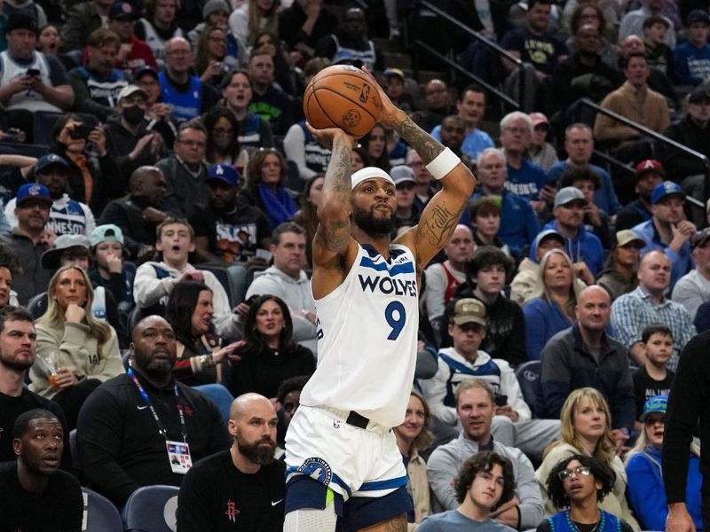 MINNEAPOLIS, MN -  FEBRUARY 4: Nickeil Alexander-Walker #9 of the Minnesota Timberwolves shoots the ball during the game against the Houston Rockets on February 4, 2024 at Target Center in Minneapolis, Minnesota. NOTE TO USER: User expressly acknowledges and agrees that, by downloading and or using this Photograph, user is consenting to the terms and conditions of the Getty Images License Agreement. Mandatory Copyright Notice: Copyright 2024 NBAE (Photo by Jordan Johnson/NBAE via Getty Images)