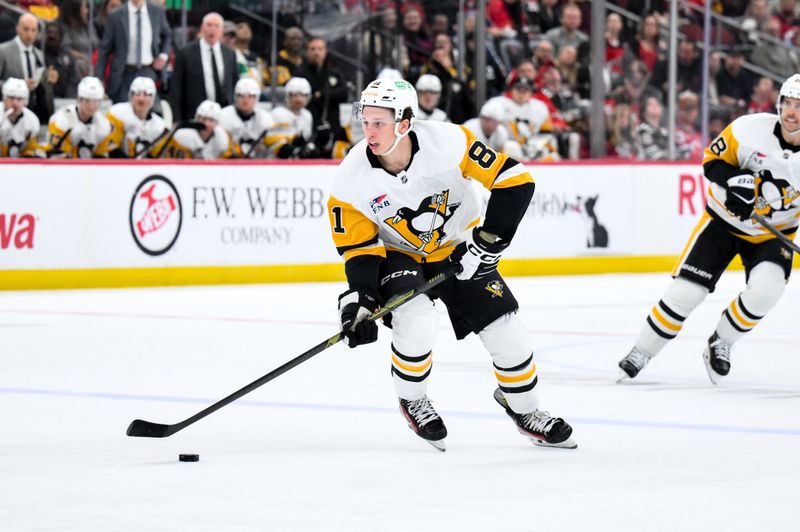 Nov 8, 2025; Newark, New Jersey, USA; Pittsburgh Penguins center Ben Kindel (81) skates with the puck against the New Jersey Devils during the first period at Prudential Center. Mandatory Credit: John Jones-Imagn Images