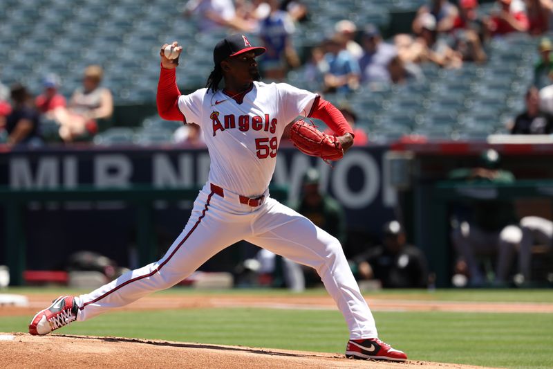 Jul 28, 2024; Anaheim, California, USA;  Los Angeles Angels starting pitcher Jose Soriano (59) pitches during the first inning against the Oakland Athletics at Angel Stadium. Mandatory Credit: Kiyoshi Mio-USA TODAY Sports