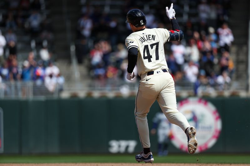 Apr 10, 2024; Minneapolis, Minnesota, USA; Minnesota Twins Edouard Julien (47) celebrates his solo home run against the Los Angeles Dodgers during the fifth inning at Target Field. Mandatory Credit: Matt Krohn-USA TODAY Sports