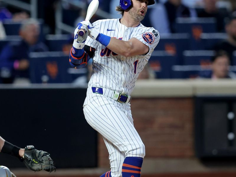 May 12, 2025; New York City, New York, USA; New York Mets center fielder Jeff McNeil (1) follows through on an RBI double against the Pittsburgh Pirates during the fourth inning at Citi Field. Mandatory Credit: Brad Penner-Imagn Images