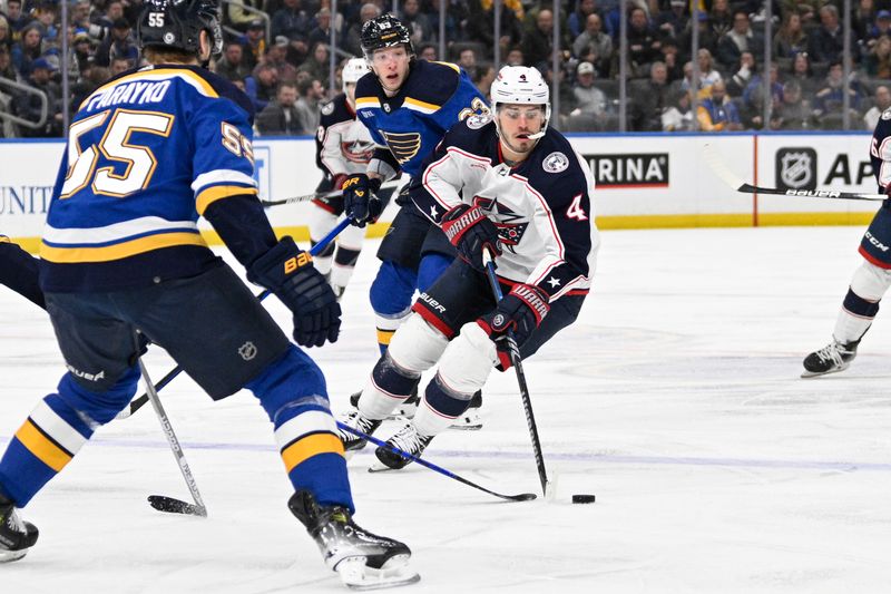 Jan 30, 2024; St. Louis, Missouri, USA; Columbus Blue Jackets center Cole Sillinger (4) skates against the St. Louis Blues during the first period at Enterprise Center. Mandatory Credit: Jeff Le-USA TODAY Sports