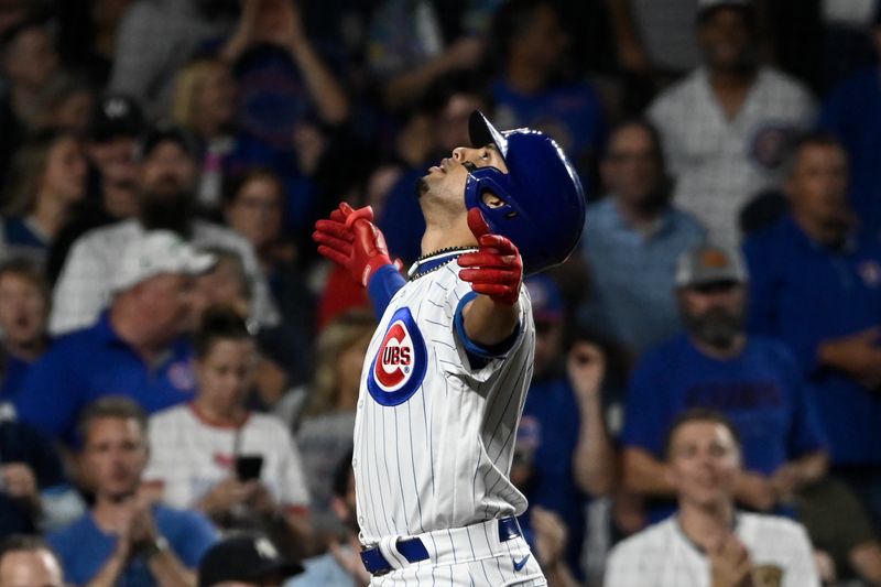 Sep 20, 2023; Chicago, Illinois, USA; Chicago Cubs second baseman Christopher Morel (5) celebrates after hitting a home run against the Pittsburgh Pirates during the fifth inning at Wrigley Field. Mandatory Credit: Matt Marton-USA TODAY Sports