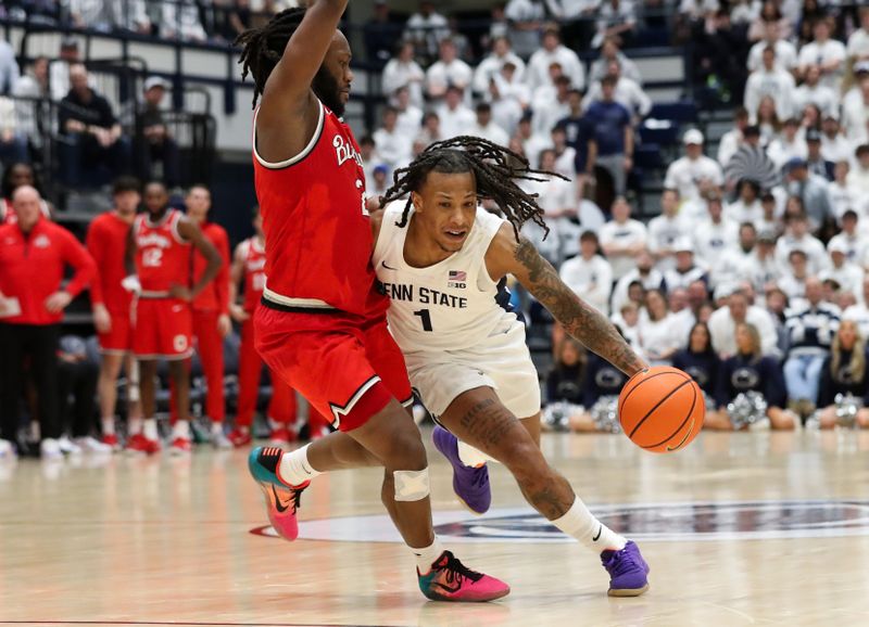 Jan 30, 2025; University Park, Pennsylvania, USA; Penn State Nittany Lions guard Ace Baldwin Jr (1) dribbles the ball around Ohio State Buckeyes guard Bruce Thornton (2) during the second half at Rec Hall. Ohio State defeated Penn State 83-64. Mandatory Credit: Matthew O'Haren-Imagn Images