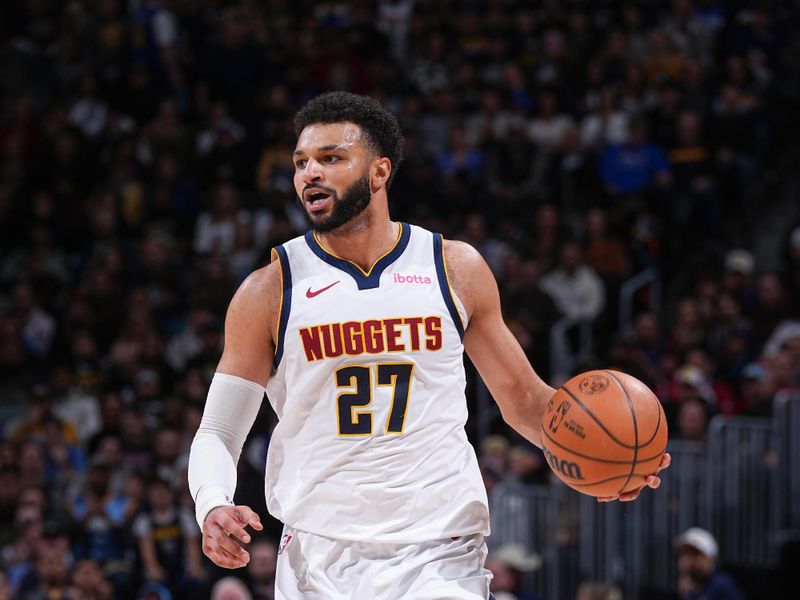 DENVER, CO - FEBRUARY 4: Jamal Murray #27 of the Denver Nuggets handles the ball during the game  on February 4, 2024 at the Ball Arena in Denver, Colorado. NOTE TO USER: User expressly acknowledges and agrees that, by downloading and/or using this Photograph, user is consenting to the terms and conditions of the Getty Images License Agreement. Mandatory Copyright Notice: Copyright 2024 NBAE (Photo by Garrett Ellwood/NBAE via Getty Images)