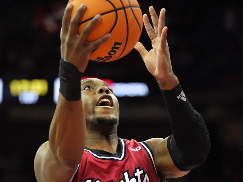 Feb 18, 2023; Madison, Wisconsin, USA;  Rutgers Scarlet Knights forward Aundre Hyatt (5) shoots against the Wisconsin Badgers during the first half at the Kohl Center. Mandatory Credit: Kayla Wolf-USA TODAY Sports