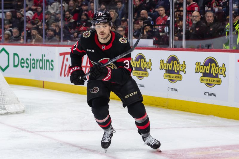 Jan 16, 2025; Ottawa, Ontario, CAN; Ottawa Senators defenseman Donovan Sebrango (37) skates in the second period against the Washington Capitals at the Canadian Tire Centre. Mandatory Credit: Marc DesRosiers-Imagn Images