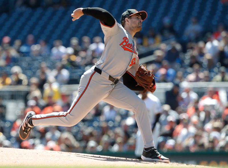 Apr 7, 2024; Pittsburgh, Pennsylvania, USA;  Baltimore Orioles starting pitcher Dean Kremer (64) delivers a pitch against the Pittsburgh Pirates during the first inning at PNC Park. Mandatory Credit: Charles LeClaire-USA TODAY Sports