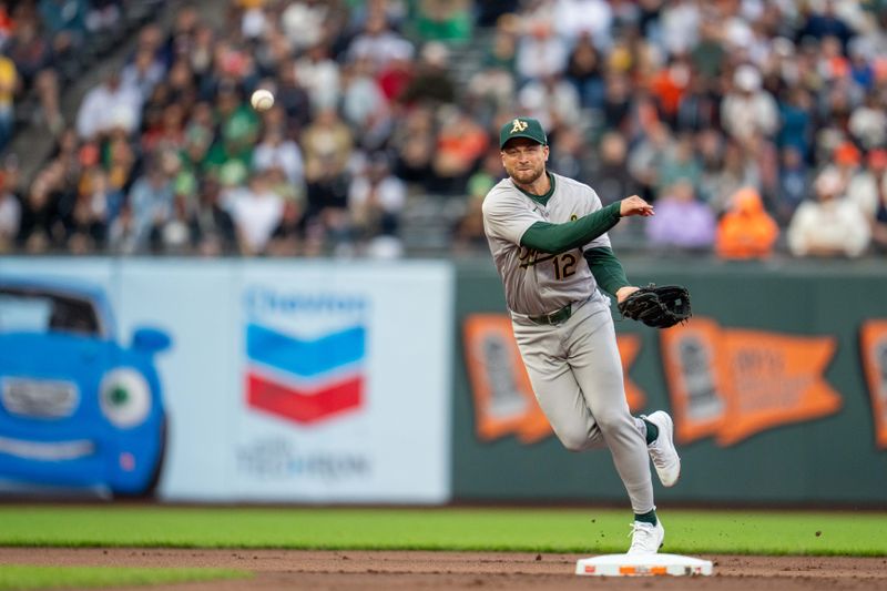 Jul 30, 2024; San Francisco, California, USA;  Oakland Athletics shortstop Max Schuemann (12) throws out San Francisco Giants short stop Tyler Fitzgerald (not pictured) during the first inning at Oracle Park. Mandatory Credit: Neville E. Guard-USA TODAY Sports