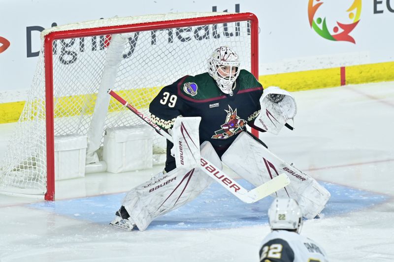 Feb 8, 2024; Tempe, Arizona, USA; Arizona Coyotes goaltender Connor Ingram (39) defends in the first period against the Vegas Golden Knights at Mullett Arena. Mandatory Credit: Matt Kartozian-USA TODAY Sports