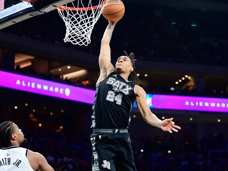 AUSTIN, TX - MARCH 17: (EDITORS NOTE: Sequence 1 of 2) Devin Vassell #24 of the San Antonio Spurs dunks the ball during the game against the Brooklyn Nets on March 17, 2024 at the Moody Center in Austin, Texas. NOTE TO USER: User expressly acknowledges and agrees that, by downloading and or using this photograph, user is consenting to the terms and conditions of the Getty Images License Agreement. Mandatory Copyright Notice: Copyright 2024 NBAE (Photos by Michael Gonzales/NBAE via Getty Images)