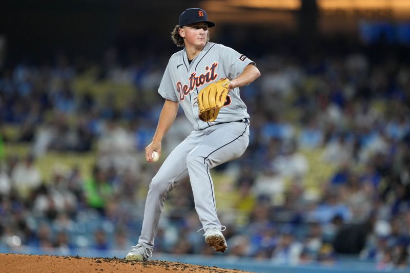 Sep 20, 2023; Los Angeles, California, USA; Detroit Tigers starting pitcher Reese Olson (45) throws in the third inning against the Los Angeles Dodgers at Dodger Stadium. Mandatory Credit: Kirby Lee-USA TODAY Sports