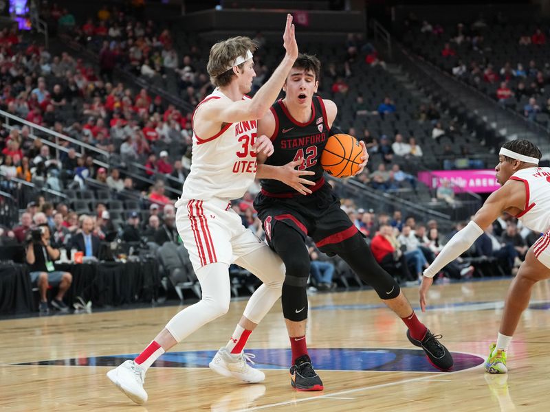 Mar 8, 2023; Las Vegas, NV, USA; Stanford Cardinal forward Maxime Raynaud (42) dribbles against Utah Utes center Branden Carlson (35) during the first half at T-Mobile Arena. Mandatory Credit: Stephen R. Sylvanie-USA TODAY Sports