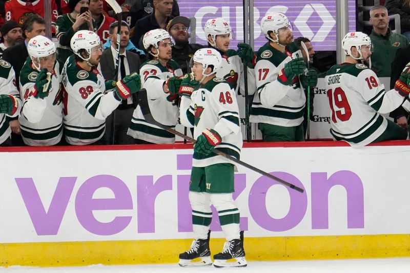 Jan 26, 2025; Chicago, Illinois, USA; Minnesota Wild defenseman Jared Spurgeon (46) celebrates his goal against the Chicago Blackhawks during the first period at United Center. Mandatory Credit: David Banks-Imagn Images