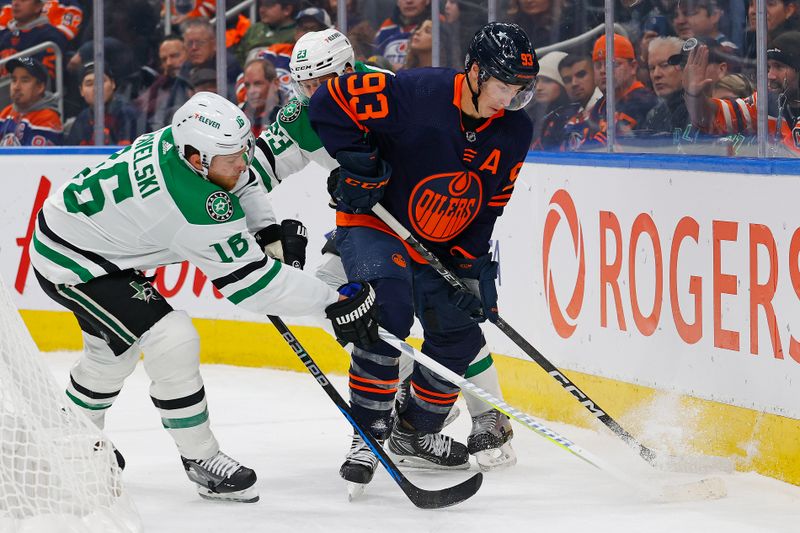 Nov 2, 2023; Edmonton, Alberta, CAN; Edmonton Oilers forward Ryan Nugent-Hopkins (93) and Dallas Stars forward Joe Pavelski (16) battle along the boards for a loose puck during the first period at Rogers Place. Mandatory Credit: Perry Nelson-USA TODAY Sports