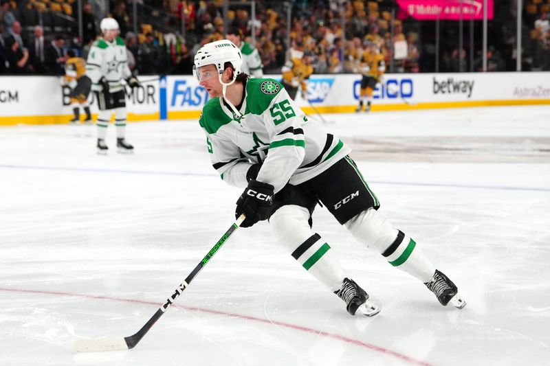 Apr 29, 2024; Las Vegas, Nevada, USA; Dallas Stars defenseman Thomas Harley (55) warms up before the start of game four against the Vegas Golden Knights in the first round of the 2024 Stanley Cup Playoffs at T-Mobile Arena. Mandatory Credit: Stephen R. Sylvanie-USA TODAY Sports