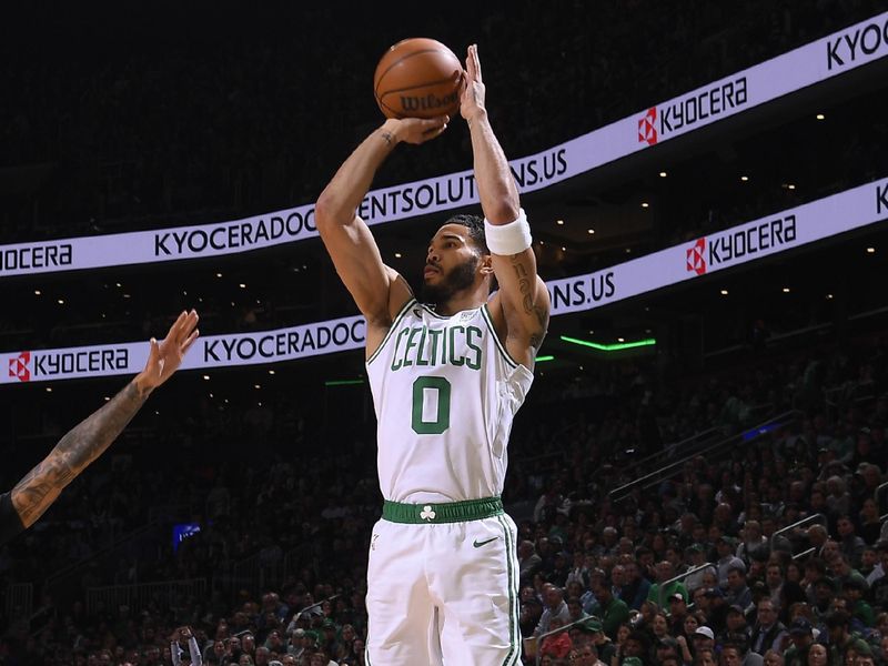 BOSTON, MA - FEBRUARY 1: Jayson Tatum #0 of the Boston Celtics shoots the ball during the game  against the Los Angeles Lakers on February 1, 2024 at the TD Garden in Boston, Massachusetts. NOTE TO USER: User expressly acknowledges and agrees that, by downloading and or using this photograph, User is consenting to the terms and conditions of the Getty Images License Agreement. Mandatory Copyright Notice: Copyright 2024 NBAE  (Photo by Brian Babineau/NBAE via Getty Images)