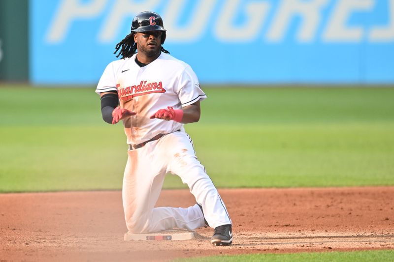 Jun 6, 2023; Cleveland, Ohio, USA; Cleveland Guardians designated hitter Josh Bell (55) celebrates after hitting an RBI double during the first inning against the Boston Red Sox at Progressive Field. Mandatory Credit: Ken Blaze-USA TODAY Sports