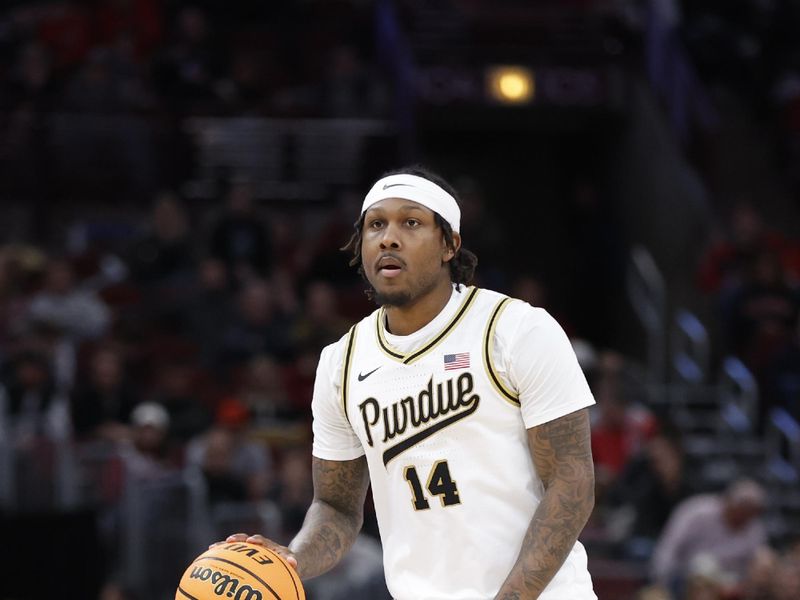 Mar 11, 2023; Chicago, IL, USA; Purdue Boilermakers guard David Jenkins Jr. (14) brings the ball up court against the Ohio State Buckeyes during the second half at United Center. Mandatory Credit: Kamil Krzaczynski-USA TODAY Sports