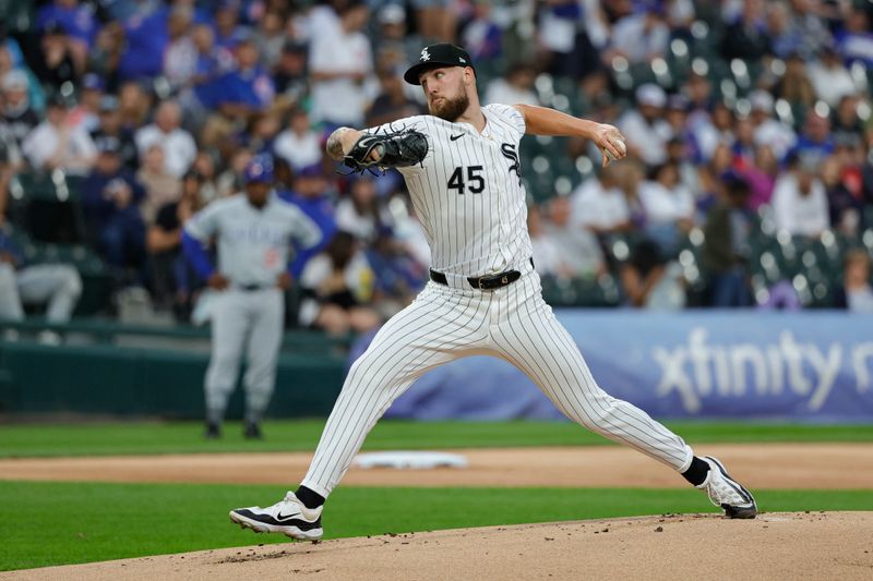 Aug 9, 2024; Chicago, Illinois, USA; Chicago White Sox starting pitcher Garrett Crochet (45) delivers a pitch against the Chicago Cubs during the first inning at Guaranteed Rate Field. Mandatory Credit: Kamil Krzaczynski-USA TODAY Sports