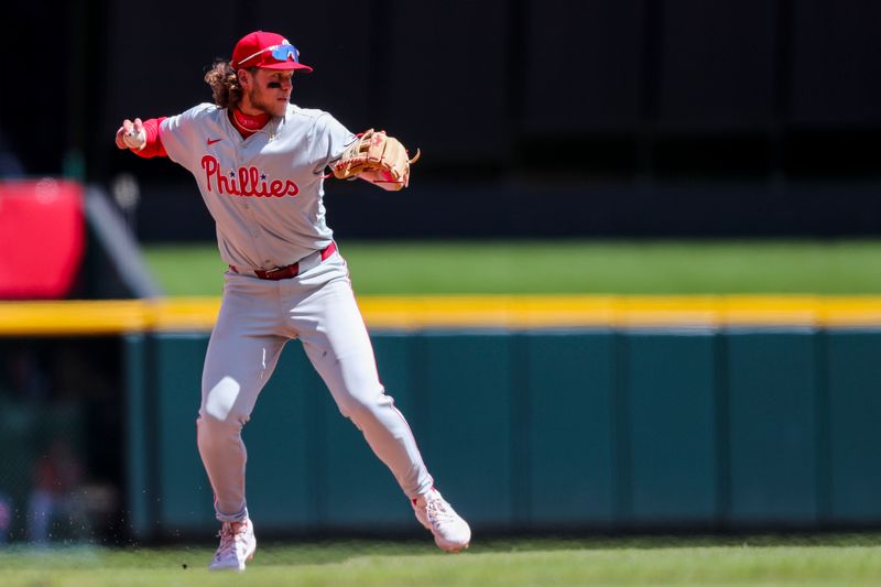 Apr 25, 2024; Cincinnati, Ohio, USA; Philadelphia Phillies third baseman Alec Bohm (28) throws to first to get Cincinnati Reds designated hitter Jonathan India (not pictured) out in the seventh inning at Great American Ball Park. Mandatory Credit: Katie Stratman-USA TODAY Sports
