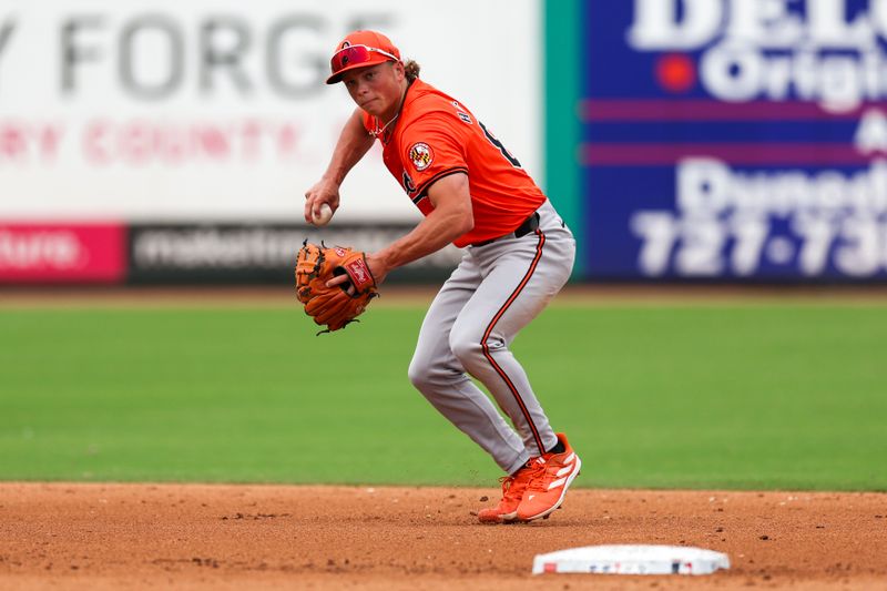 Mar 5, 2024; Clearwater, Florida, USA;  Baltimore Orioles shortstop Jackson Holiday (87) shows to first for an out against the Philadelphia Phillies in the fifth inning at BayCare Ballpark. Mandatory Credit: Nathan Ray Seebeck-USA TODAY Sports