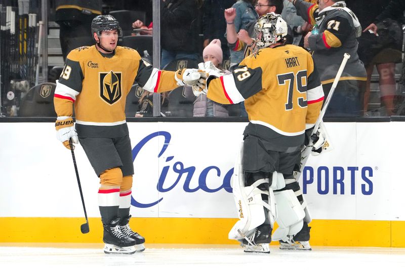 Dec 2, 2025; Las Vegas, Nevada, USA; Vegas Golden Knights left wing Ivan Barbashev (49) celebrates with goaltender Carter Hart (79) after scoring a goal against the Chicago Blackhawks during the first period at T-Mobile Arena. Mandatory Credit: Stephen R. Sylvanie-Imagn Images